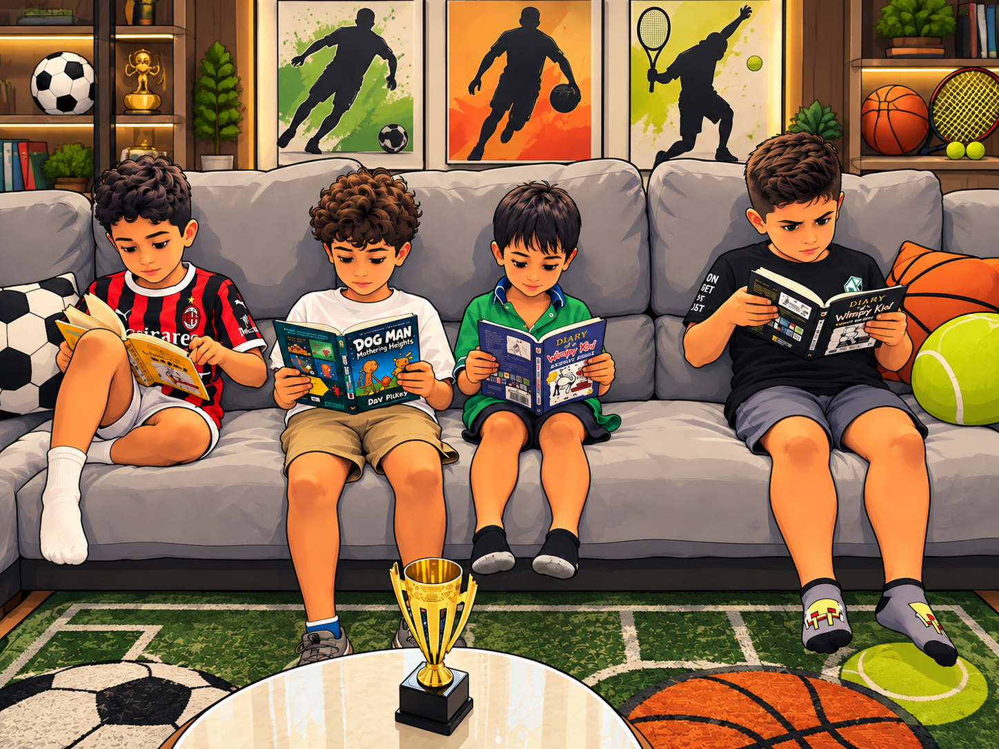 Four kids reading Dog Man and Diary of a Wimpy Kid on a sporty sofa
